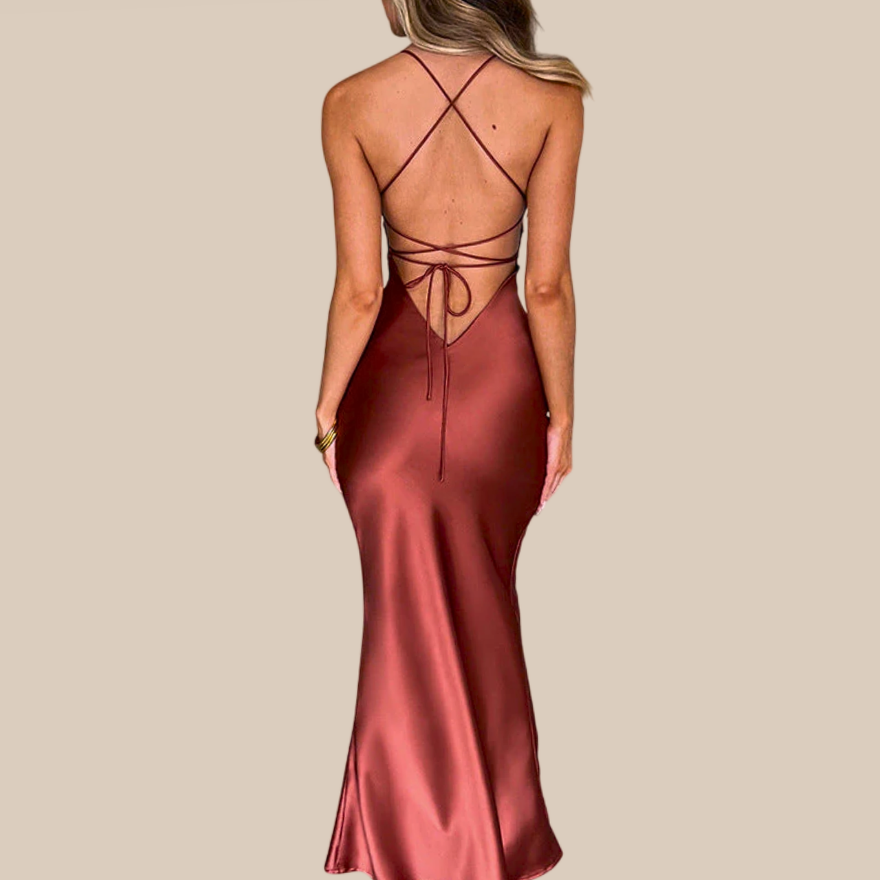 nude dress satin MARIA Satin Cowl Neck SLIP Dress with Ruched Waist and Side Split